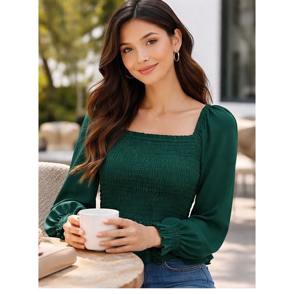 Forest Green Smocked Peplum Blouse Size‎ L - Picture 3 of 7